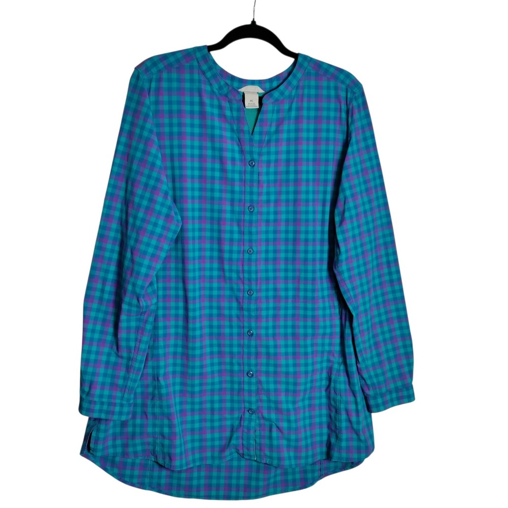 Duluth Trading Co Armachillo Plaid Button Down Shirt XL Teal Purple Gingham Tops